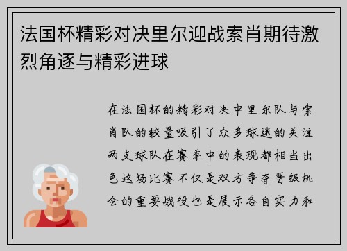 法国杯精彩对决里尔迎战索肖期待激烈角逐与精彩进球