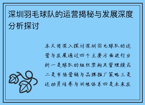 深圳羽毛球队的运营揭秘与发展深度分析探讨