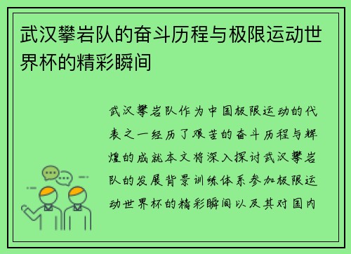 武汉攀岩队的奋斗历程与极限运动世界杯的精彩瞬间
