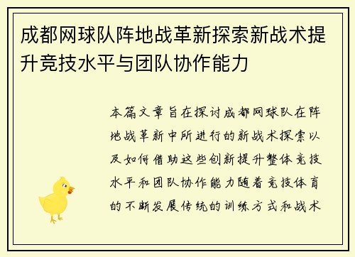 成都网球队阵地战革新探索新战术提升竞技水平与团队协作能力
